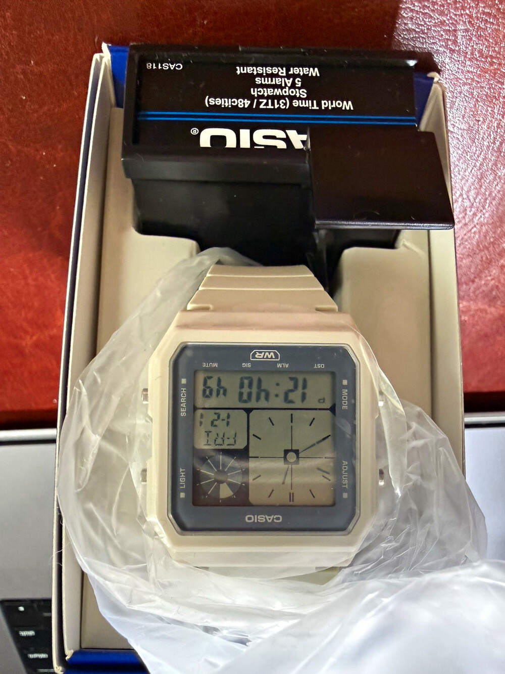 Casio World Time Analog Digital Quartz White Resin 43mm Watch Box Papers
